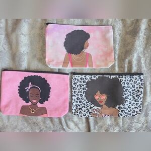 African American Chic Pink and Black Women's Zip Pouches Set Of 3
